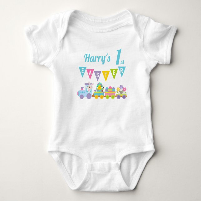Osterhase und Zug blau Baby Strampler (Vorderseite)