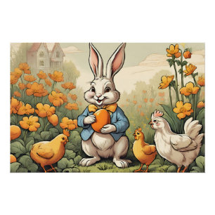 Osterhase, Vintage Illustration von Hühnern Poster
