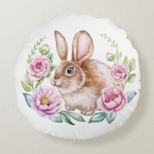 Osterhasen-Aquarell mit rosa floralem Kranz Rundes Kissen