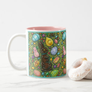 OSTERHASEN AUS SCHOKOLADE, KÜKEN, EIER, GUMMIBOHNE ZWEIFARBIGE TASSE
