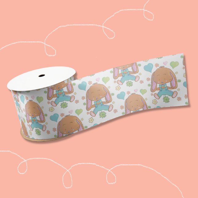 Osterhasen Blume und Herz Weißes Band Satinband (Sweet watercolor bunny pattern white ribbon for Easter or baby shower baskets embellishments .)