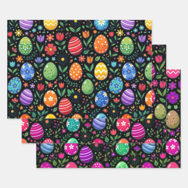 Osterhasen-Eier und Blumen im Regenbogen Geschenkpapier Set (Set)