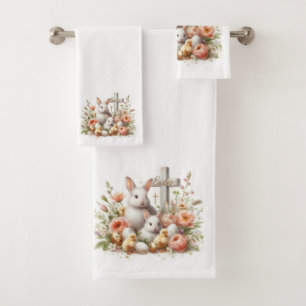 Osterhasen, Entenküken, Blumen und Kreuz Badhandtuch Set