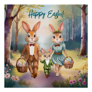 Osterhasen-Familie auf Eiersuche - Aquarell Poster