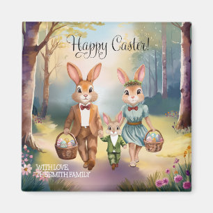 Osterhasen-Familie beim Eiersuchen - Aquarell Magnet