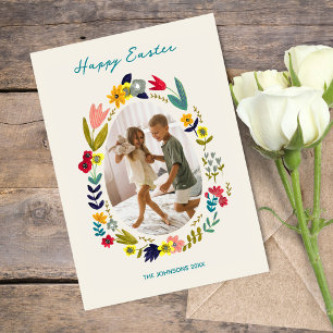 Osterhasen-Familienfoto mit Blumen Frühjahrsgruß Feiertagskarte