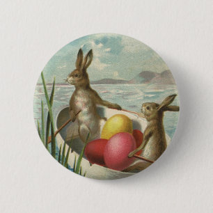 Osterhasen im Vintage-Stil in einem Boot mit Oster Button