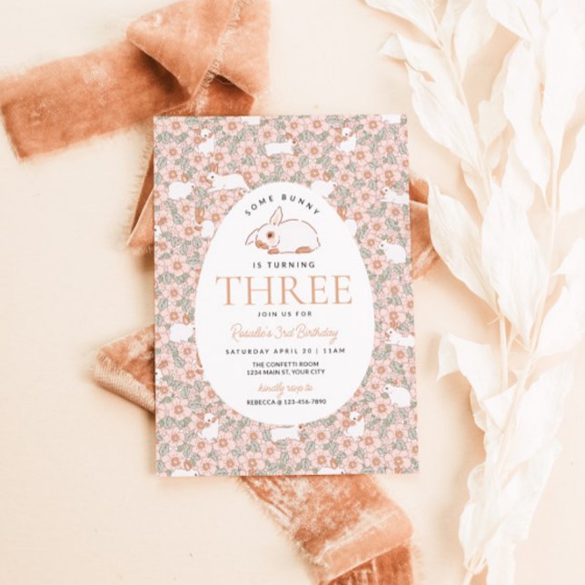 Osterhasen-Mädchen 3. Geburtstagseinladung Einladung (Easter Bunny Girls Third Birthday Invite)