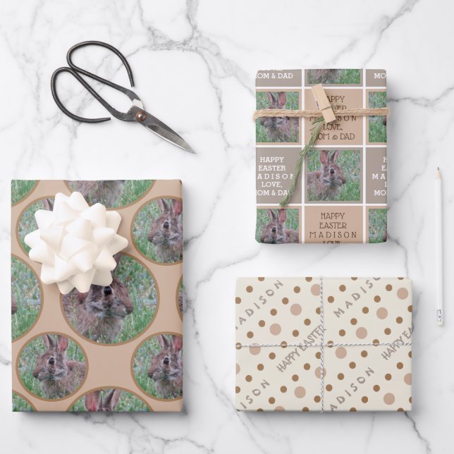 Osterhasen-Neutralpolka-Dot Personalisiert Geschenkpapier Set (Vorderseite)