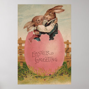 Osterhasen-Paar beim Küssen eines bemalten bunten  Poster