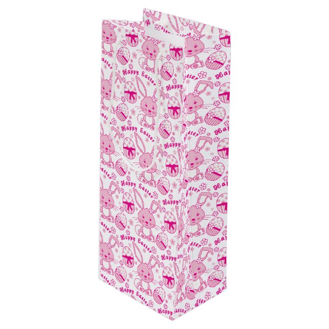 Osterhasen und Eier - Rosa weiße Geschenktüte Für Weinflaschen (Vorderseite Schrägansicht)