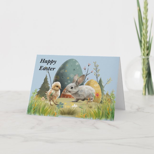 Osterhasen und Küken mit Eierkarte Dankeskarte (Vorderseite)