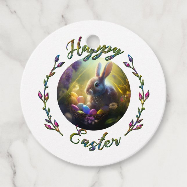 Osterhasen und Küken mit Eierkörben Geschenkanhänger (Vorderseite)