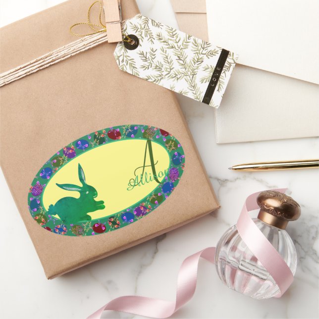 Osterhasen- und Rose-Eiern Monogramm-Aufkleber Ovaler Aufkleber (Schenken)
