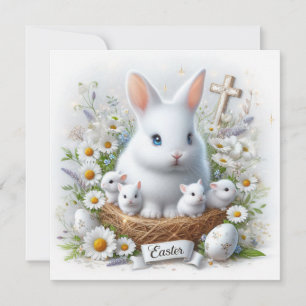 Osterhasenfamilie im BlumenNest mit Kreuz Karte