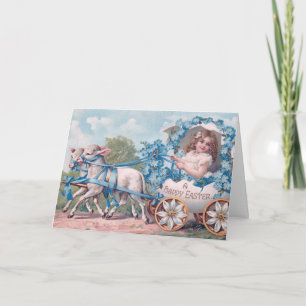 Osterillustration im Vintage-Stil mit Mädchen und  Karte