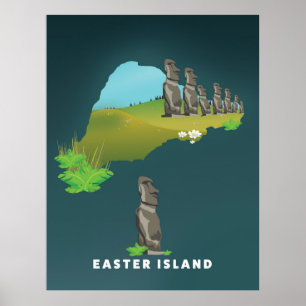 Osterinsel Illustrierte Karte Reiseplakat drucken. Poster