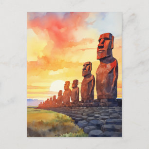 Osterinsel Moai-Statuen Sonnenuntergang Aquarell Postkarte