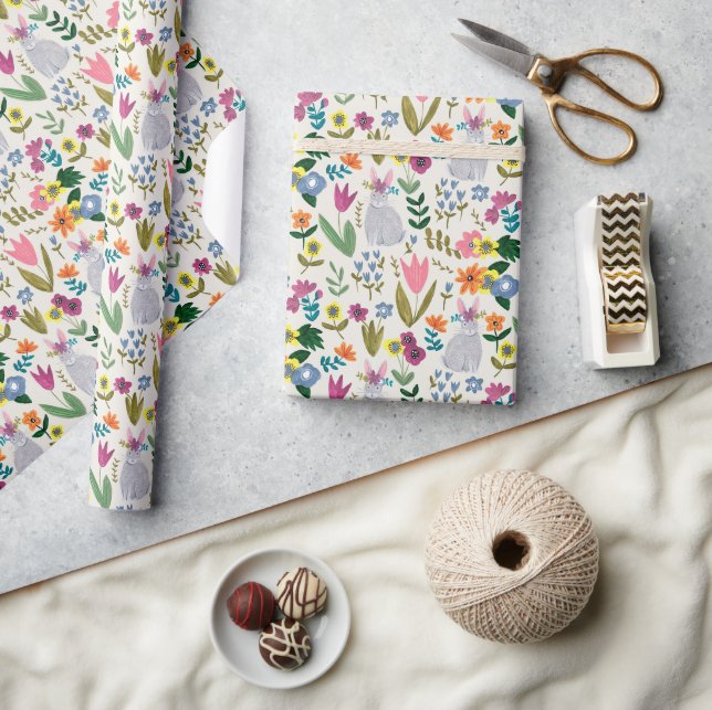 Osterkaninchen Hasen-Graublütenmuster Geschenkpapier (Kunsthandwerk)