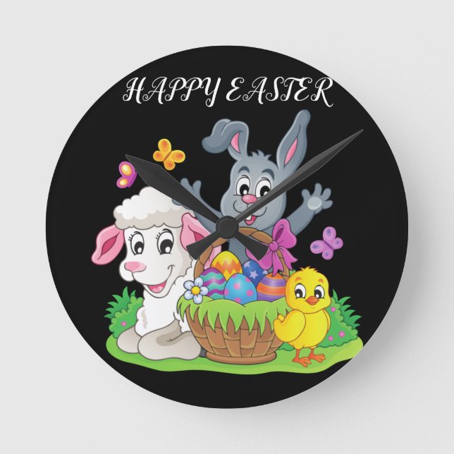 Osterkaninchen, Lamm & Küken Akryluhr. Runde Wanduhr (Vorderseite)