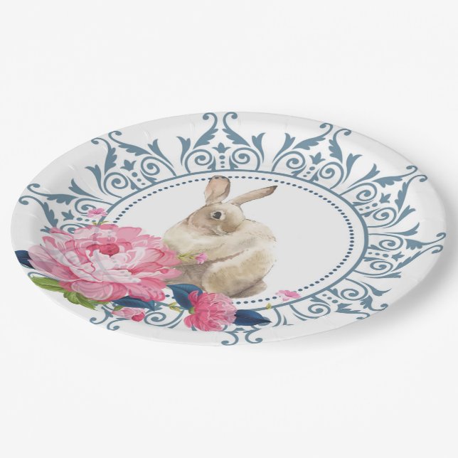 Osterkaninchen Rosa Floral Pappteller (Schrägansicht)