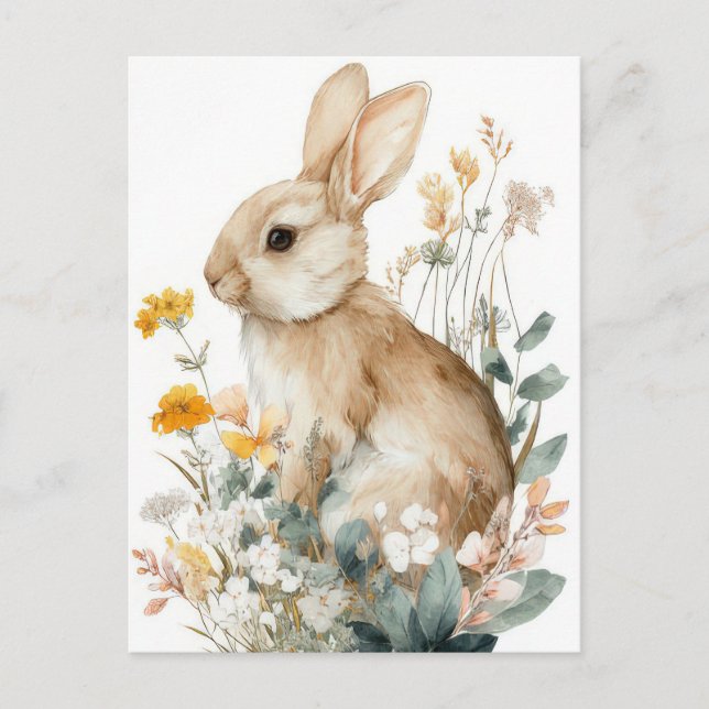 Osterkarte mit Blumen und Osterhase Postkarte (Vorderseite)