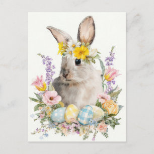 Osterkarte mit Blumen und Osterhase Postkarte