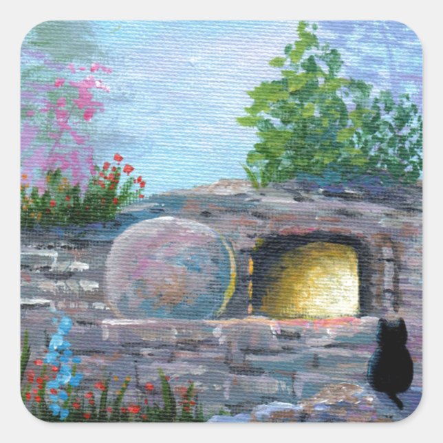 Osterkatze Christlich Art Leere Grabmal Quadratischer Aufkleber (Vorderseite)