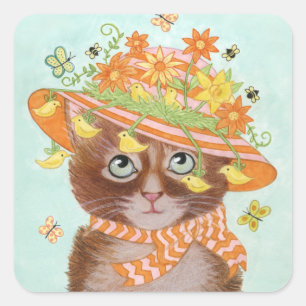 Osterkatze im OsterBonnet mit Schmetterlingen Quadratischer Aufkleber