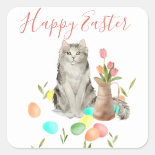 Osterkatze mit Eiern und Blume Frühlingskleber Quadratischer Aufkleber