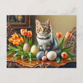 Osterkatze mit Eiern und Tulpen Postkarte