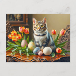 Osterkatze mit Eiern und Tulpen Postkarte