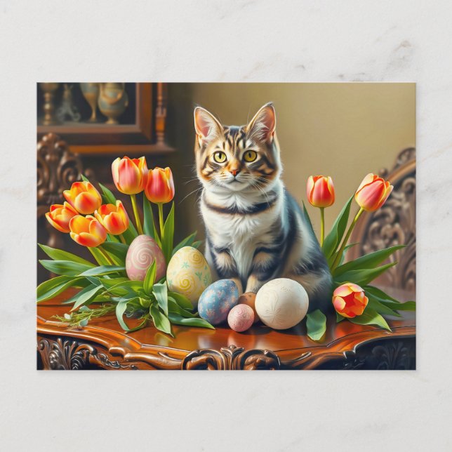 Osterkatze mit Eiern und Tulpen Postkarte (Vorderseite)