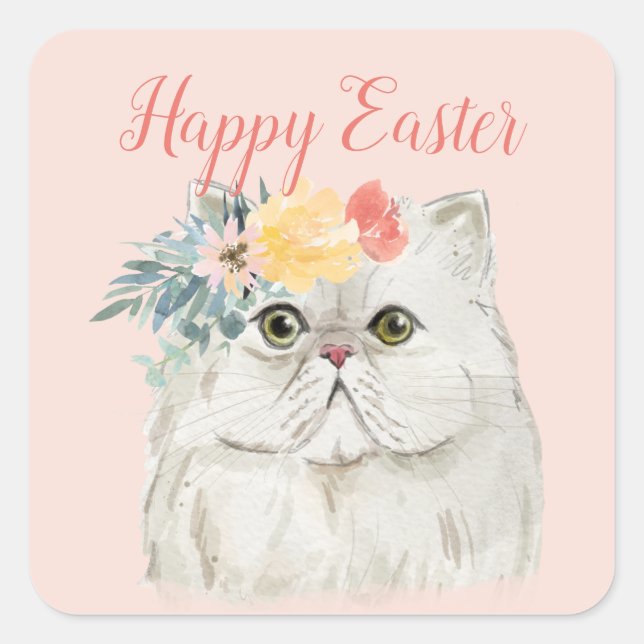 Osterkatze mit Frühlingsblumen Happy Oaster Quadratischer Aufkleber (Vorderseite)