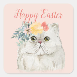 Osterkatze mit Frühlingsblumen Happy Oaster Quadratischer Aufkleber