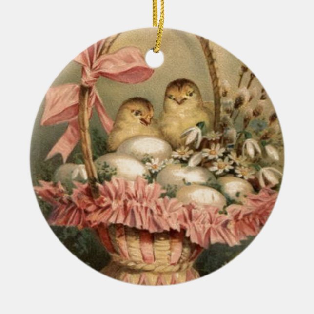 Osterkorb Ei Küken Rosa Schleife Keramik Ornament (Vorne)