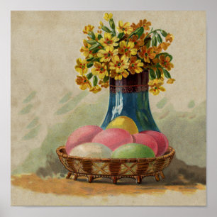 Osterkorb Eier Blumen Antik Poster