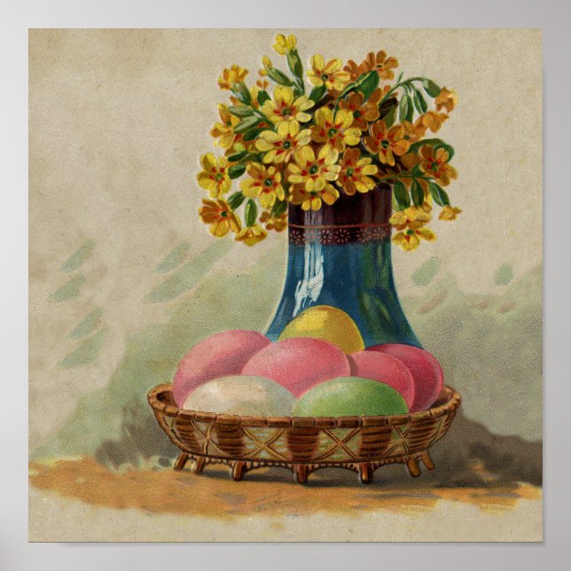Osterkorb Eier Blumen Antik Poster (Vorne)