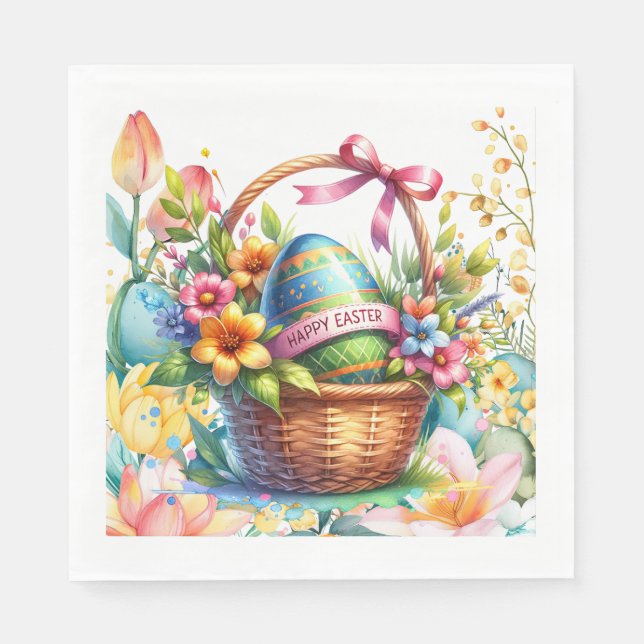 Osterkorb-Eier & Frühlingsblumen Serviette (Vorderseite)