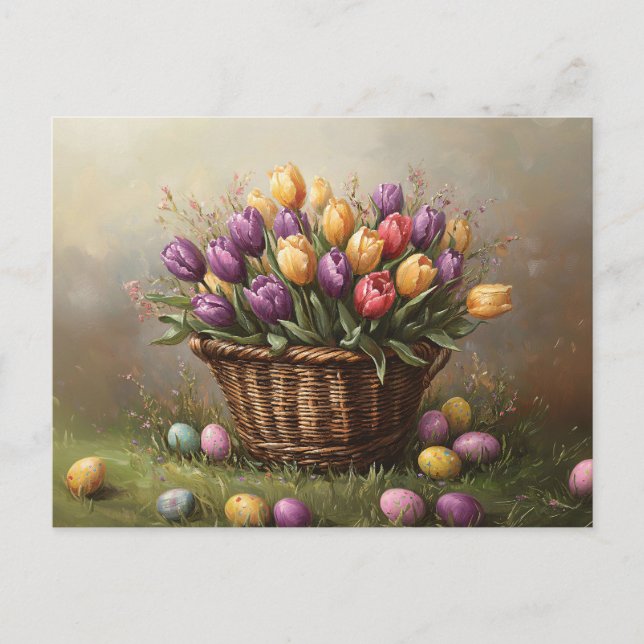 Osterkorb mit Tulpen und Eiern Postkarte (Vorderseite)
