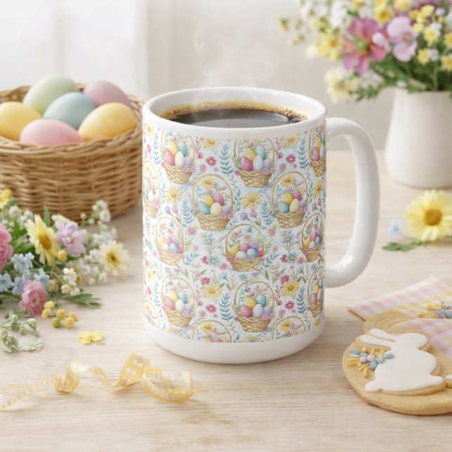 Osterkorb Muster mit Frühlingsblumen in Pastell Kaffeetasse (Von Creator hochgeladen)
