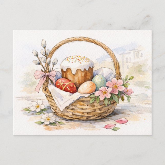 Osterkorb Wasserfarben Postkarte (Vorderseite)