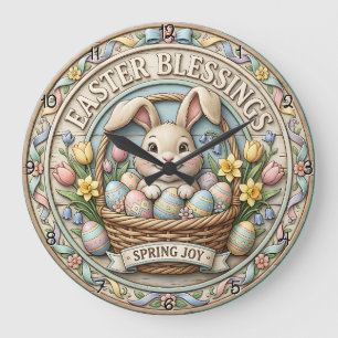 Osterkörbchen mit Ostergrüßen und Frühlingsfreude Große Wanduhr