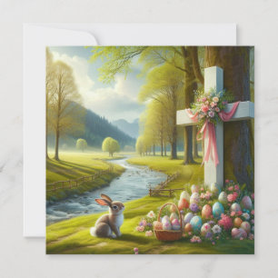 Osterkreuz mit Hase und Eiern Feiertagskarte