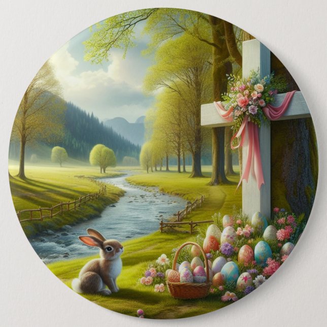 Osterkreuz mit Hasen und Eiern Button (Vorderseite)