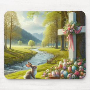 Osterkreuz mit Hasen und Eiern Mousepad