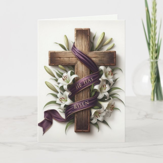Osterkreuz mit Lila Schleife Feiertagskarte (Vorderseite)