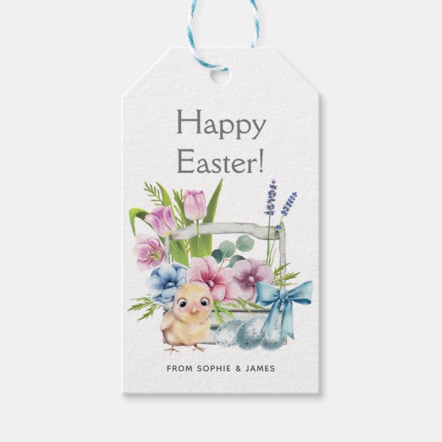 Osterküken Frühlingsblumen Eier Blue Bow Ferien Geschenkanhänger (Vorderseite)