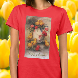 Osterküken im Vintage-Stil mit roten Tulpenblumen T-Shirt