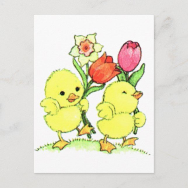 Osterküken mit Blume Feiertagspostkarte (Vorderseite)